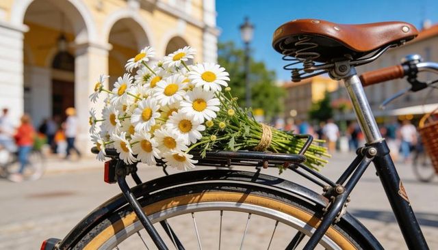 Vintage bicycle carrying large daisy bouquet on sunny european plaza with blurred pedestrians