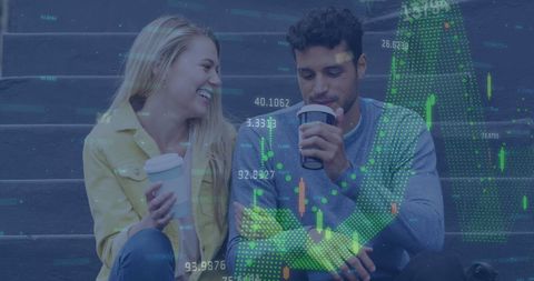 Couple Enjoying Coffee with Data Overlay Concept