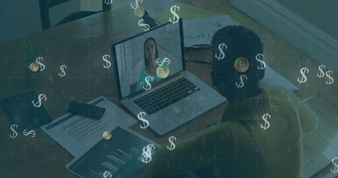 Digital Business Meeting with Currency Symbols Overlay