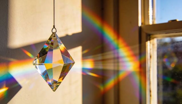 Faceted crystal prism casting rainbow light through window, splitting sunbeams into spectra
