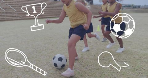 Variables of icons like a trophy and a ball represent the culturally enriching experience these schoolgirls gain while playing soccer. This can be used in educational or promotional content about health, sports in schools, teamwork activities, childhood development, and diversity in sports.