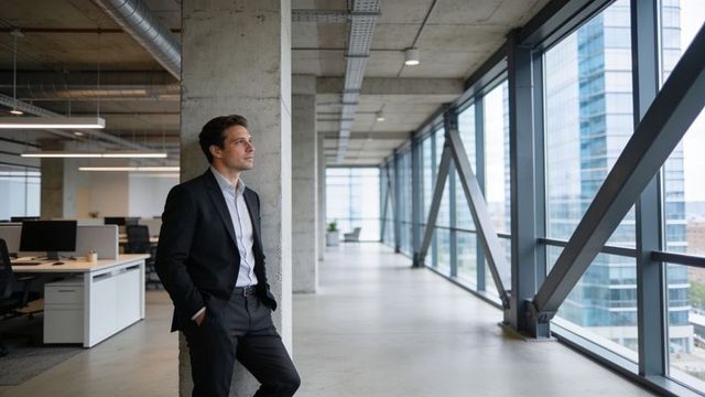 Executive leaning on concrete column gazing through floor-to-ceiling office windows