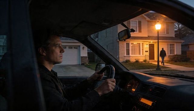 Man sitting behind wheel watching lit suburban house at dusk from parked car interior gauges glowing