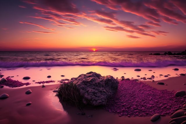 Stunning sunset casting a warm glow over a seashore with unique purple sand. Dramatic clouds add to the visual impact of the scenic seascape. This image is perfect for travel posters, websites, nature blogs, relaxation themes, and desktop wallpapers.