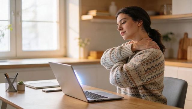 Remote work neck strain: woman rubbing neck after long laptop session in cozy home office