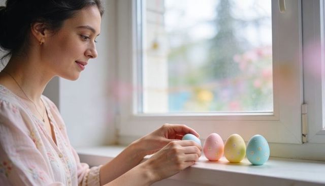Woman arranging pastel easter eggs on windowsill in soft morning light spring lifestyle