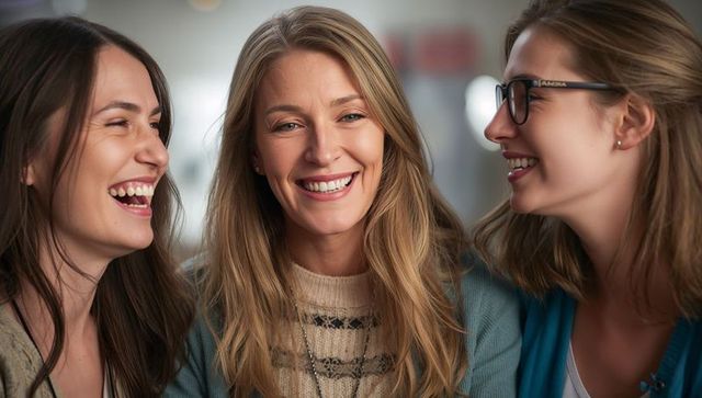 Three women laughing and chatting in cozy cafe wearing knit sweater and glasses
