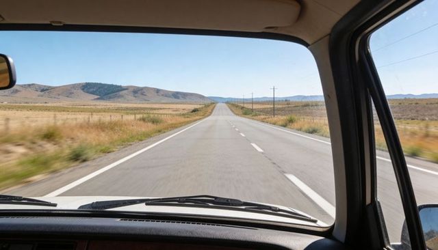 Windshield view of open highway stretching across prairie from inside moving vehicle