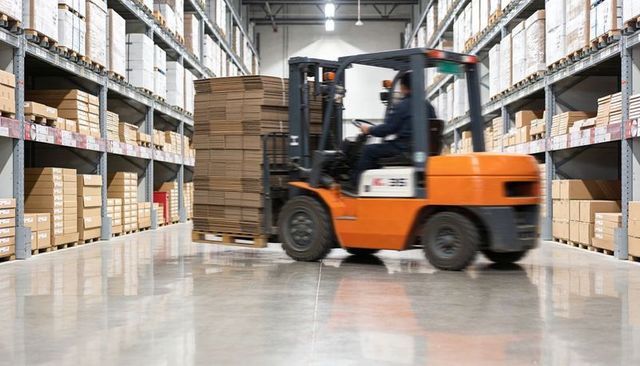 Orange forklift transporting stacked cardboard pallets through high-bay warehouse aisle