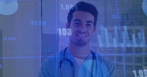 Smiling clinician in blue scrubs with stethoscope and digital health analytics overlay