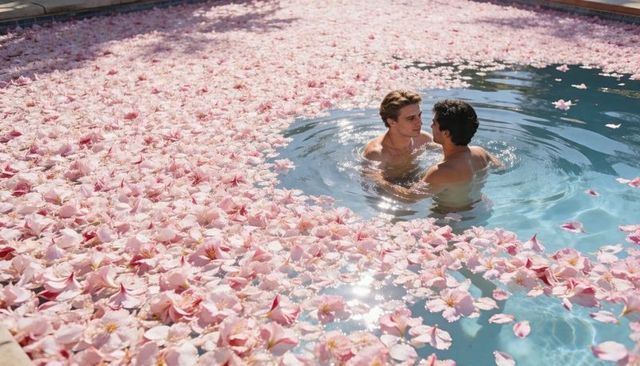 Shirtless gay couple embracing in backyard flower-filled pool with floating pink petals