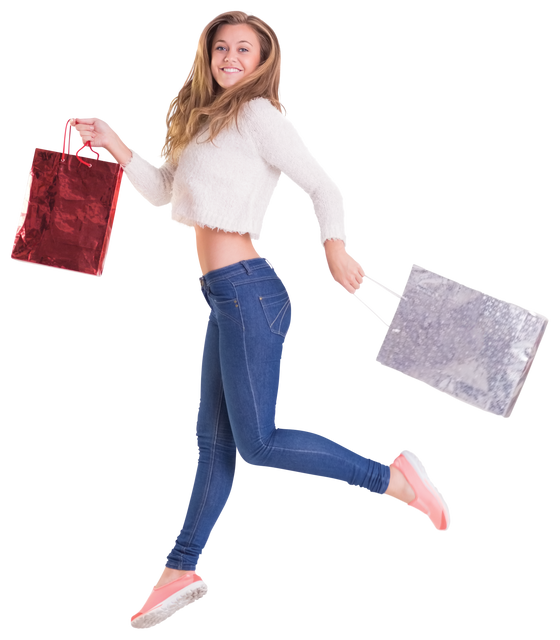 Happy Blonde Jumping with Transparent Shopping Bags - Download Free Stock Videos Pikwizard.com