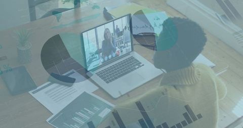 Businesswoman Video Conferencing Financial Analysis Laptop Desk Visualization