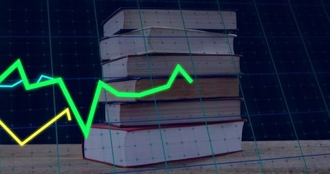 Stacked hardcover books showing neon trend lines and grid overlay for education analytics