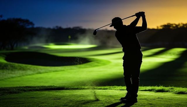 Silhouette golfer swinging and finishing drive at dawn on misty fairway with dramatic backlight