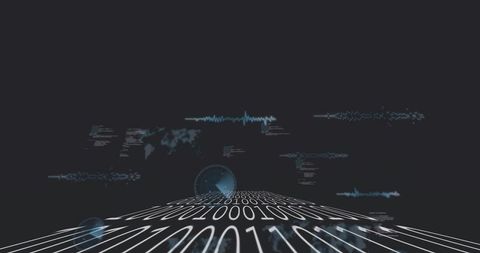 Streaming curved binary plane showing futuristic cyber data visualization and holography