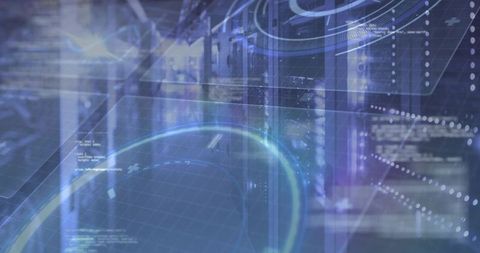 Futuristic Data Center with Holographic HUD Overlays and Central Server Rack Telemetry