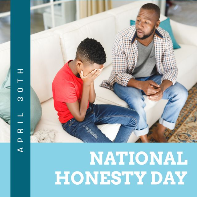 April 30th, national honesty day text, african american man consoling son covering face and crying. Composite, love, childhood, together, sad, truth, encourage, communication, relations concept.