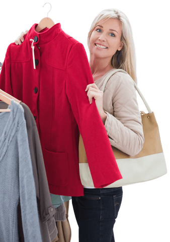 Blonde woman shopping, choosing red jacket on transparent background