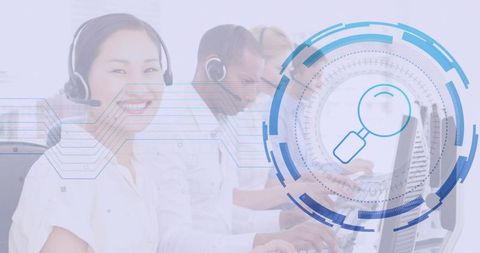 Smiling Call Center Agent with Futuristic Digital Interface Overlay