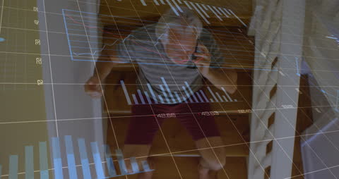 Senior Man Consulting on Investment Over Phone with Graph Overlays