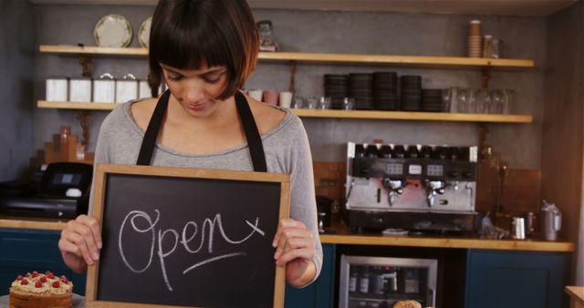 Friendly Female Barista Holding Open Sign in Cozy Cafe - Download Free Stock Images Pikwizard.com