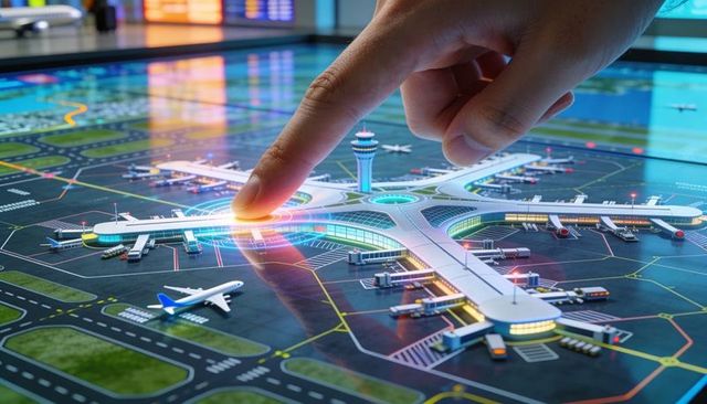 Fingertip interacting with 3D airport masterplan on touchscreen for airport operations