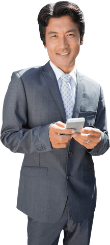 Confident Businessman Texting on Smartphone Isolated Transparent