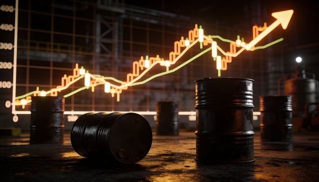 Oil price surge concept showing rising candlestick chart over industrial oil barrels