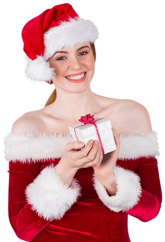 Cheerful Woman in Santa Costume Holding Gift with Transparent Background