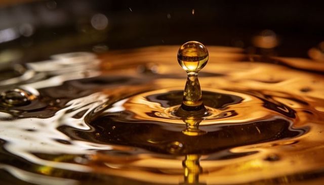 Golden water droplet rising on column with concentric ripples macro liquid abstract