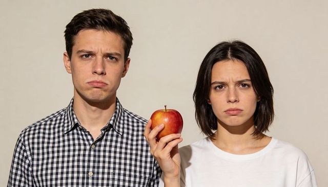 Stern young couple holding red apple showing skeptical disapproval and doubt
