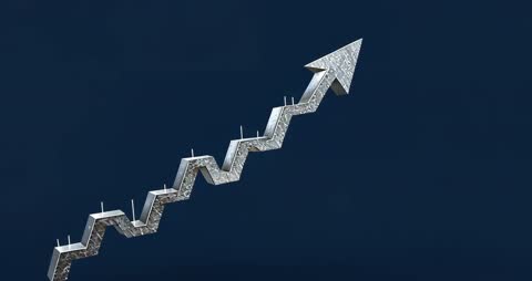 3D Metallic Zigzag Arrow Indicating Growth on Dark Blue Canvas