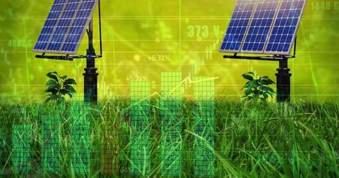 Solar Panels in Field with Financial Graphs Overlay