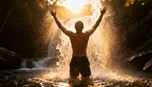 Shirtless man raising arms under golden waterfall at sunset, backlit silhouette evoking freedom