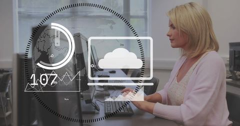 Woman Engaging with AI Technology on Computer in Office Setting