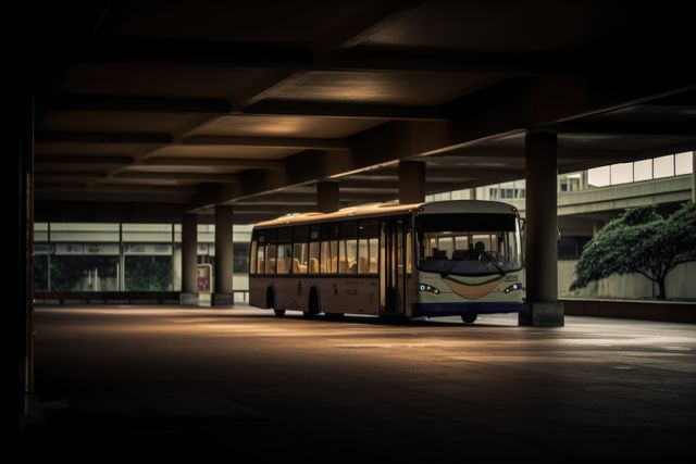 Bus parked at bus station, created using generative ai technology. Bus, transport and travel concept digitally generated image.
