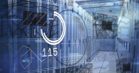 Server rack corridor with layered wireframe HUD overlay displaying analytics and 115
