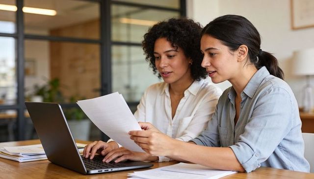Two Female Colleagues Collaborating Over Documents and Laptop in Bright Modern Office