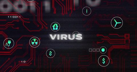 Glitching VIRUS Text over Digital Circuit Board with Cybersecurity Icons