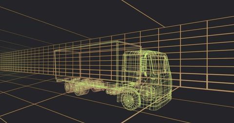 Neon wireframe box truck 3d blueprint on vanishing-point grid design visualization