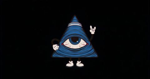 Triangular all-seeing character embracing rock gesture