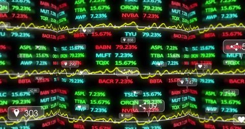 Neon financial ticker wall displaying real-time market volatility and data streams