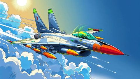 Soaring f16 fighter jet with missiles against vivid sky