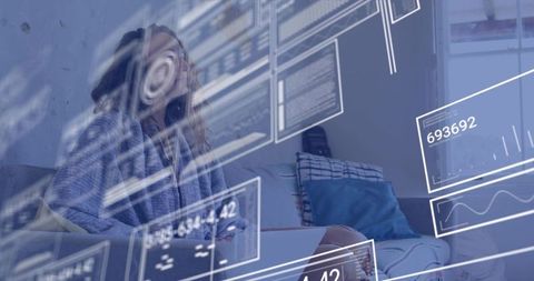 Woman on sofa checking smartphone with floating holographic data dashboards in living room