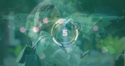 Student Using Smartphone on Campus with Digital Overlay Background