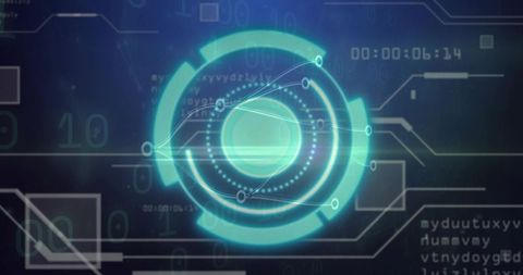 Futuristic Holographic HUD Interface with Circular Data Rings, Nodes and Countdown Timer
