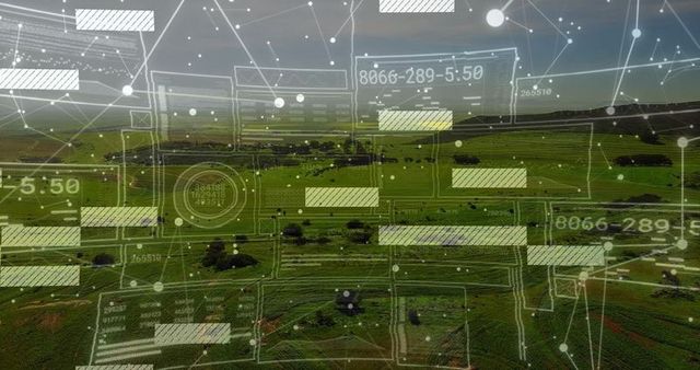 Futuristic network overlay on lush farmland landscape
