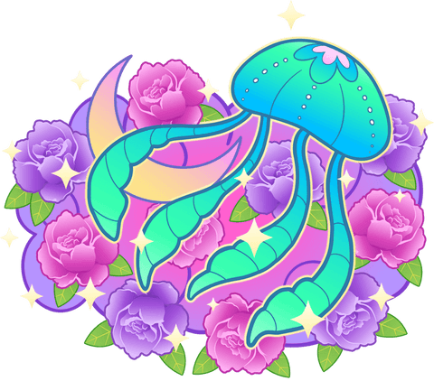 Transparent Jellyfish Amidst Camellias Fantasy Illustration