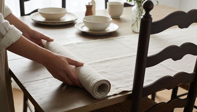 Hands rolling and smoothing linen table runner on rustic wooden dining table with bowls